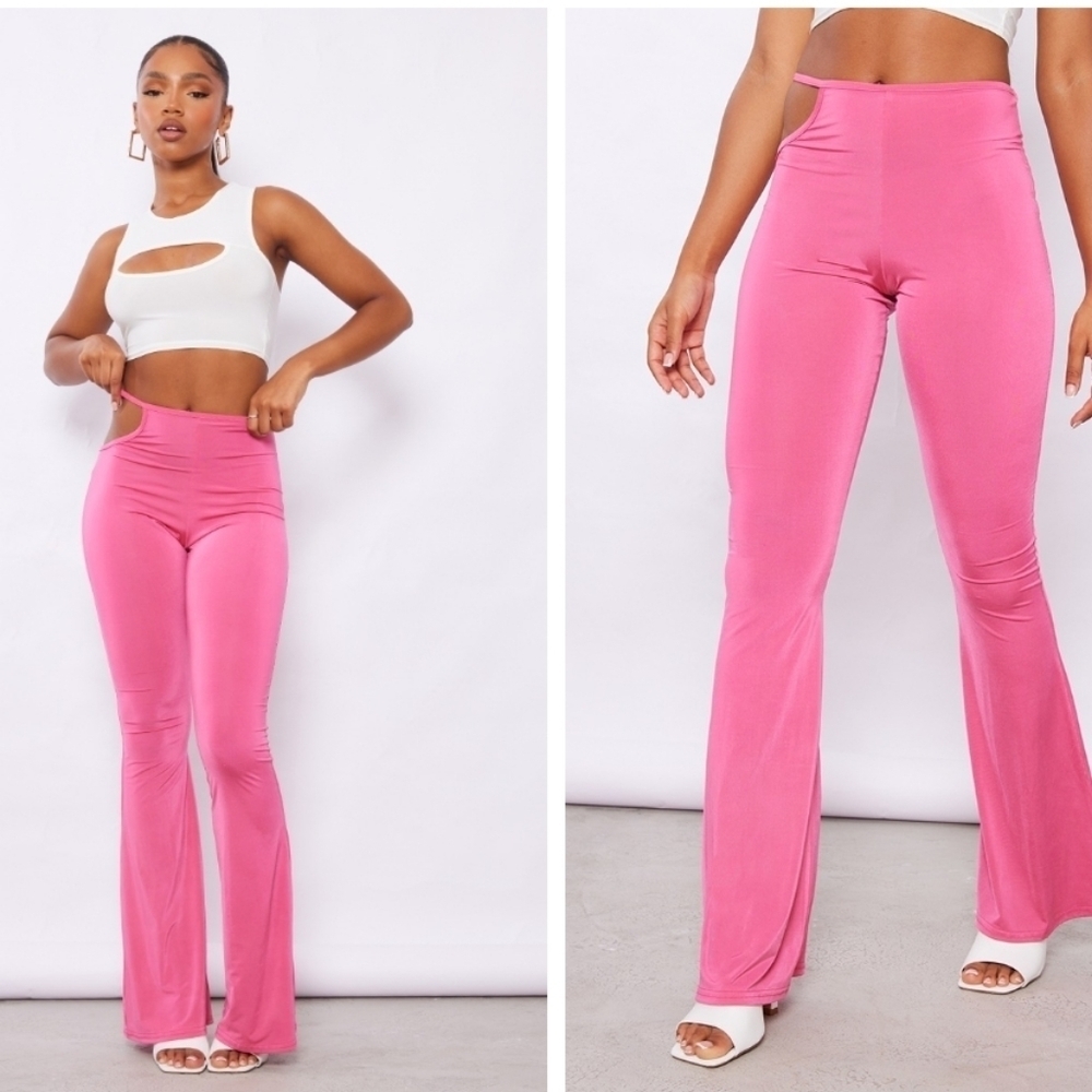 NWT Pretty Little Thing hot pink recycled slinky cut out waist flare trousers 10